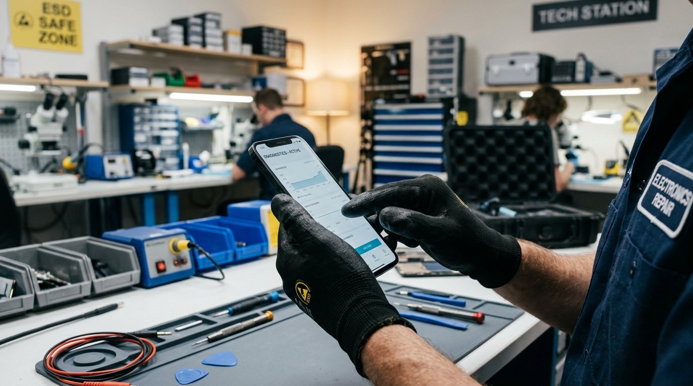 Técnico consertando iPhone 13 em Campinas